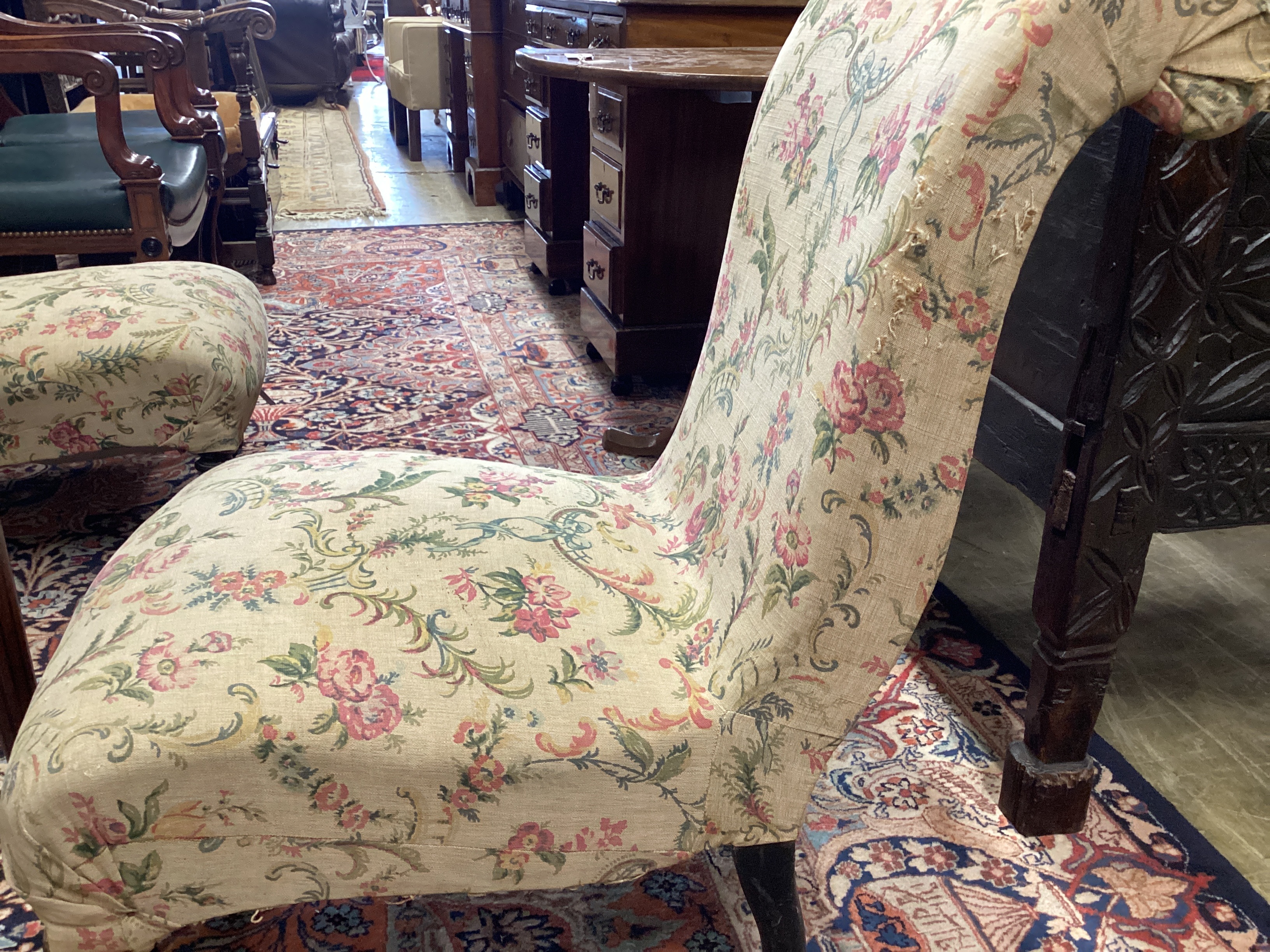 A pair of Victorian scroll frame nursing chairs, width 50cm, depth 65cm, height 79cm
